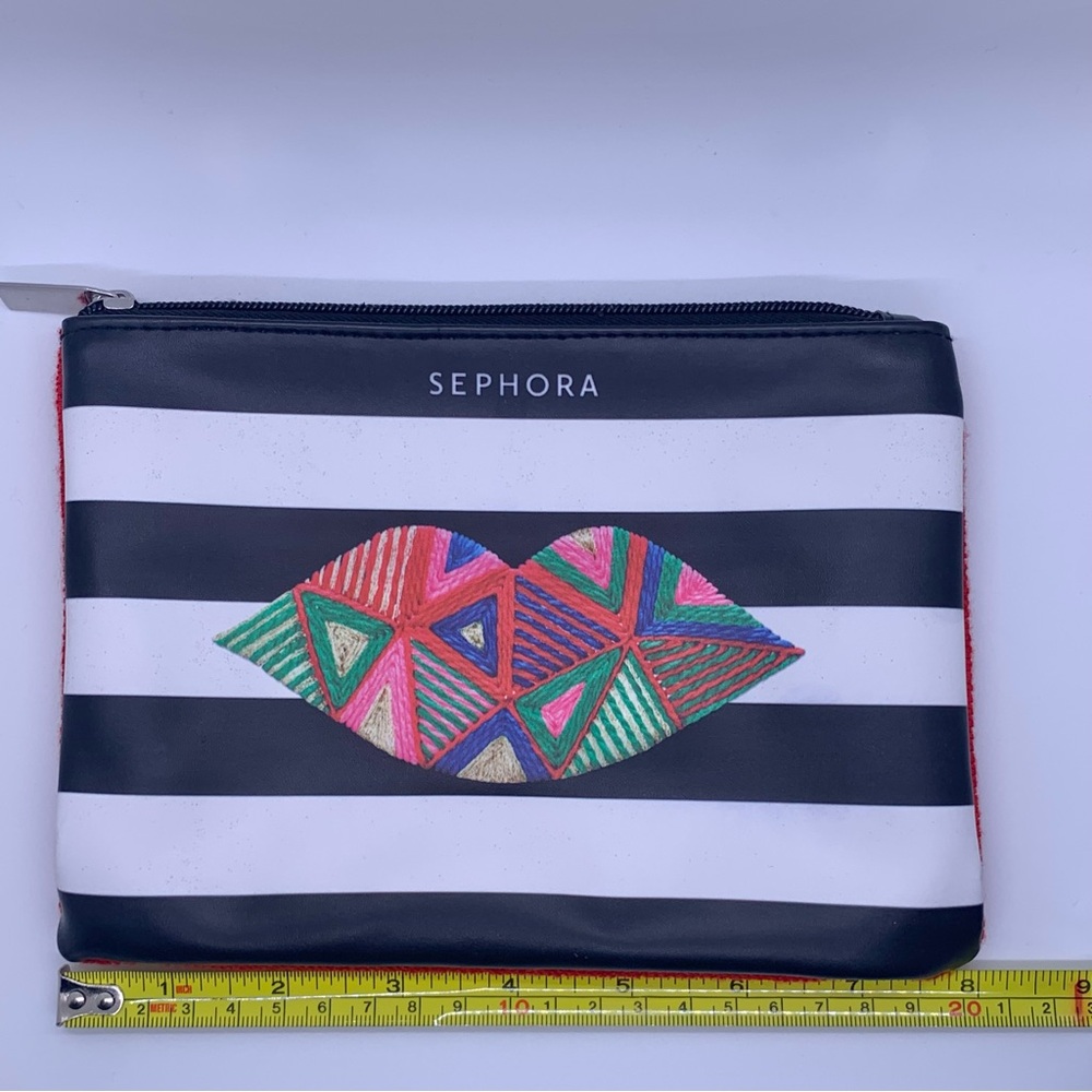 Sephora Make Up Zippered Pouch Black and White Stripes and Colorful Lips Print. - Picture 6 of 6